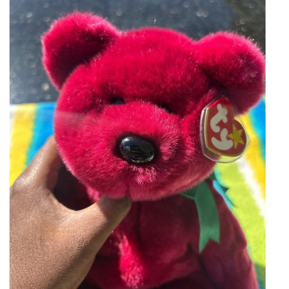 Ty Beanie Buddy Teddy Bear Large Cranberry Red 1998 Excellent Green Ribbon Plush